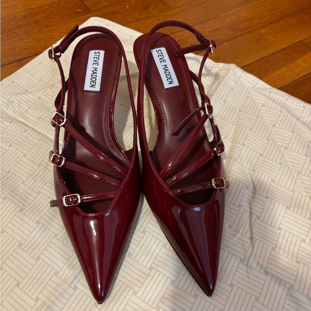 Steve Madden Burgundy Patent Pointed Slingback Pumps with Strappy Buckles